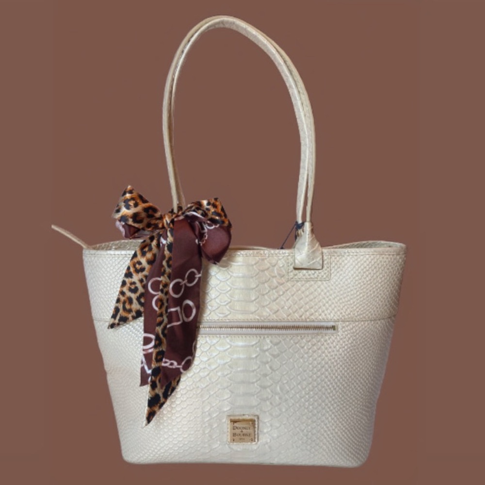 Dooney & Bourke Cream Textured Tote with Brown Leopard Scarf
